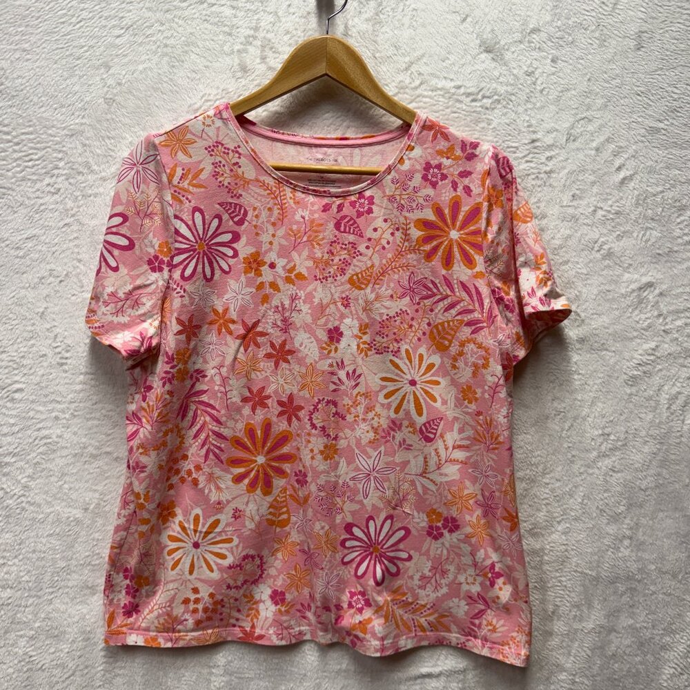 The Talbots Tee Shirt Floral Womens 1X Pink Cotton Stretch Preppy Everyday Wear